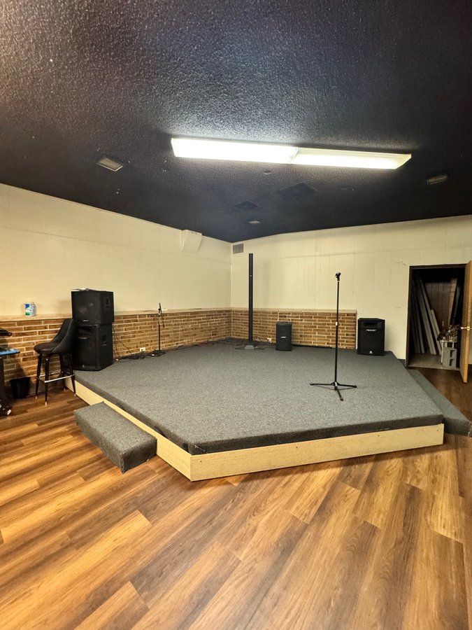 Stage with PA speakers and microphone